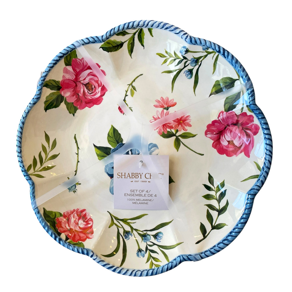 NEW Shabby Chic Floral Melamine Dinner Plates 11in Set of 4 Spring Blue Border